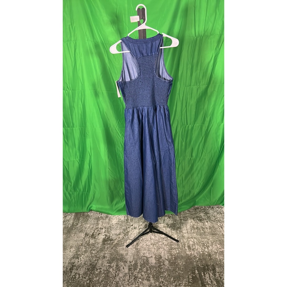 Step In Style Denim Look Chambray Midi Jumpsuit Smocked Waist Blue M - Picture 2 of 11